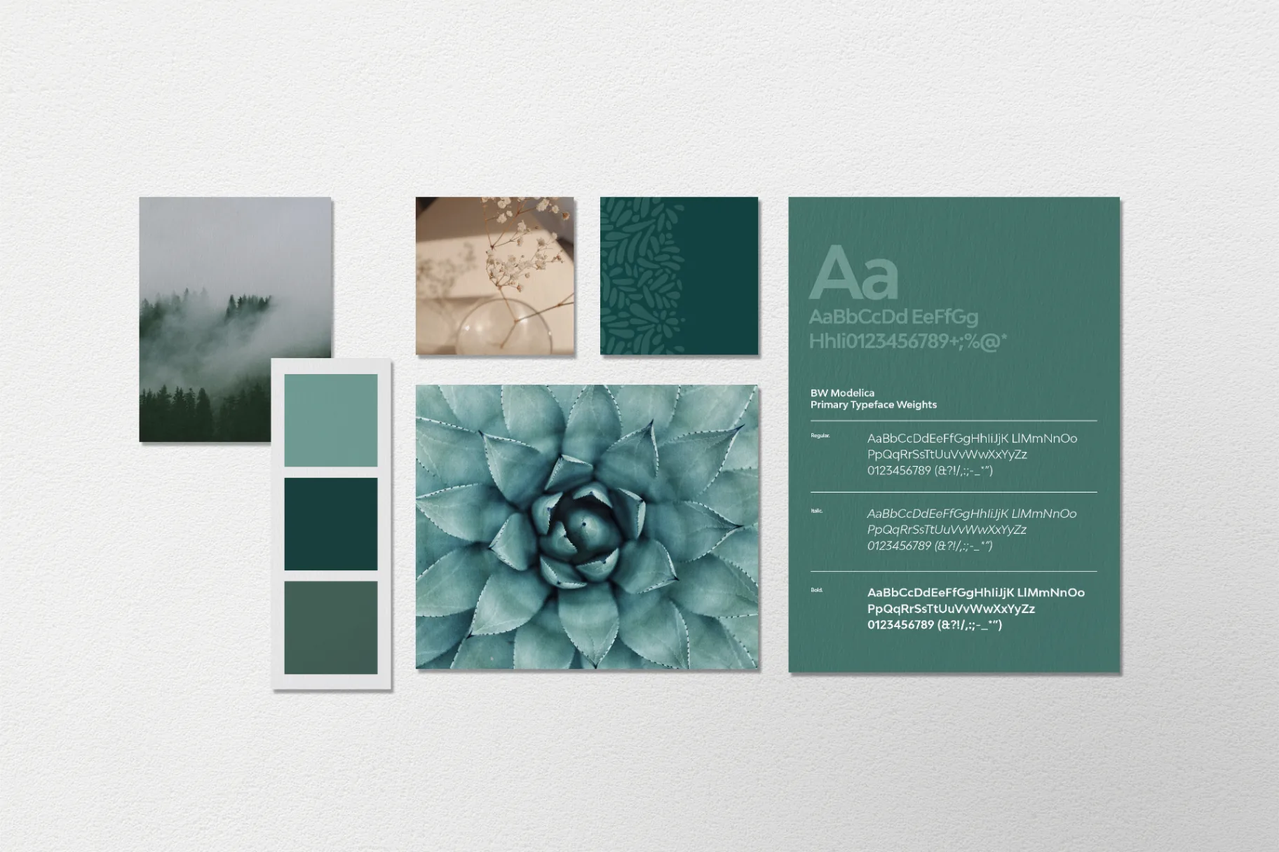 Mana Designs moodboard with colour palette, nature photography and typography sheet